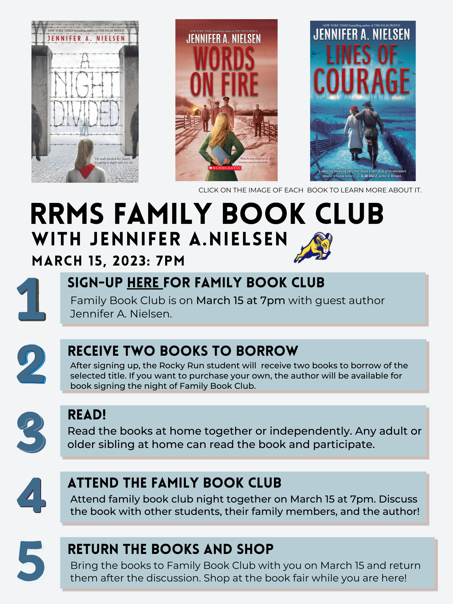 Flyer summarizing the steps to book club. Use the Google Form to sign up, receive 2 books to borrow or purchase your own, read the book, and attend Family Book Club on March 15 to discuss your book with others. The book fair will be open as well that night. Email agslevin@fcps.edu with any questions.