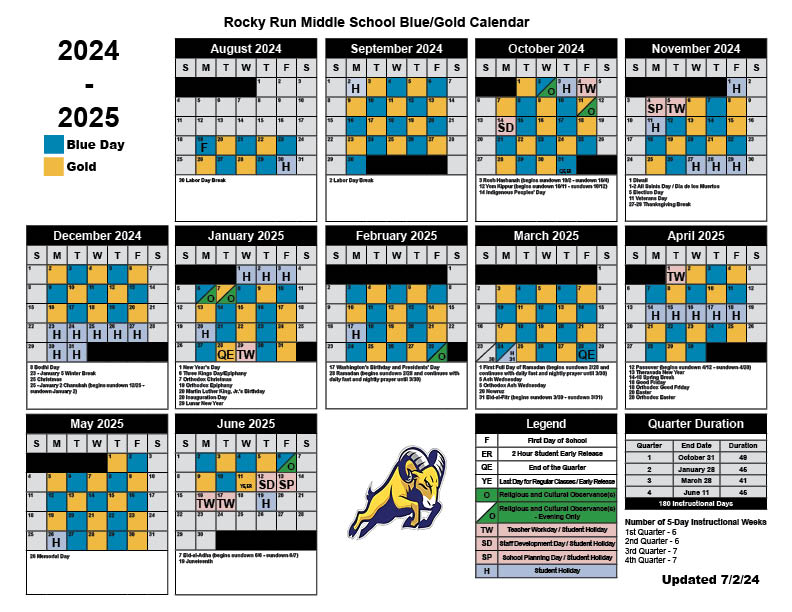 Rocky Run Middle School Blue/Gold Calendar 2024-25