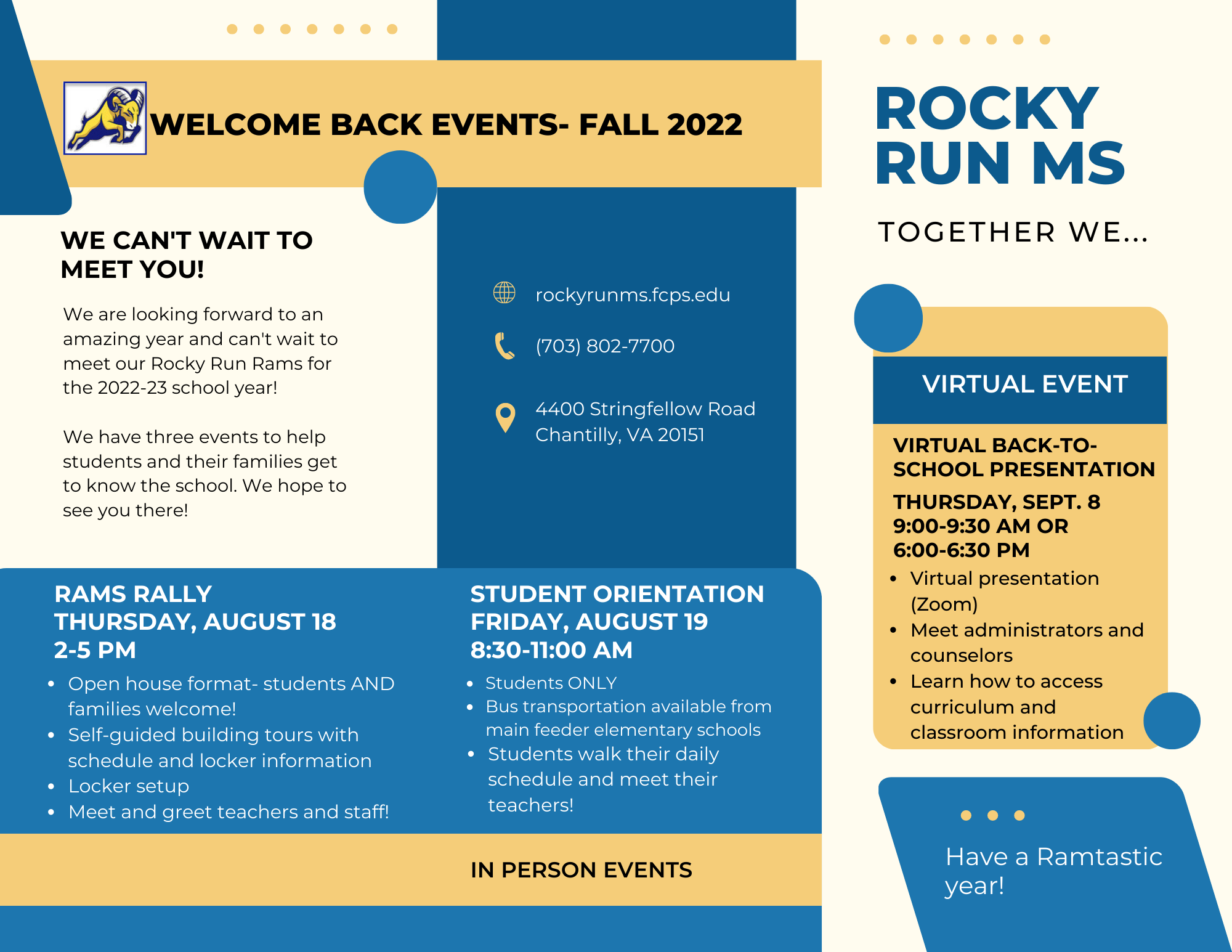 Rocky Run logo and description of back to school events for Rocky Run Middle School.