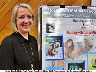 Author Edith Pattou at Rocky Run's Apri.l Parent Teen Book Club alongside the poster with her picture