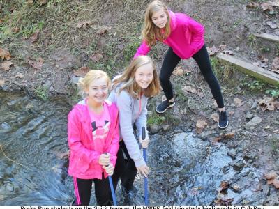 Rocky Run 7th grade science students on the MWEE Field Trip are looking for various living organisms in Cub Run